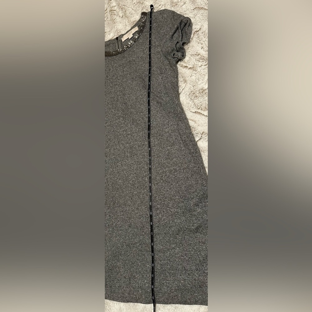 LOFT Heather Gray Knit Sweater Dress with Embellished Beaded Collar - Picture 6 of 14